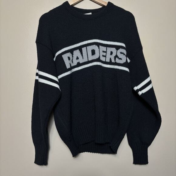 VINTAGE Oakland Raiders Sweater Mens Medium Black Cliff Engle Varsity Knit Wool - Picture 1 of 13